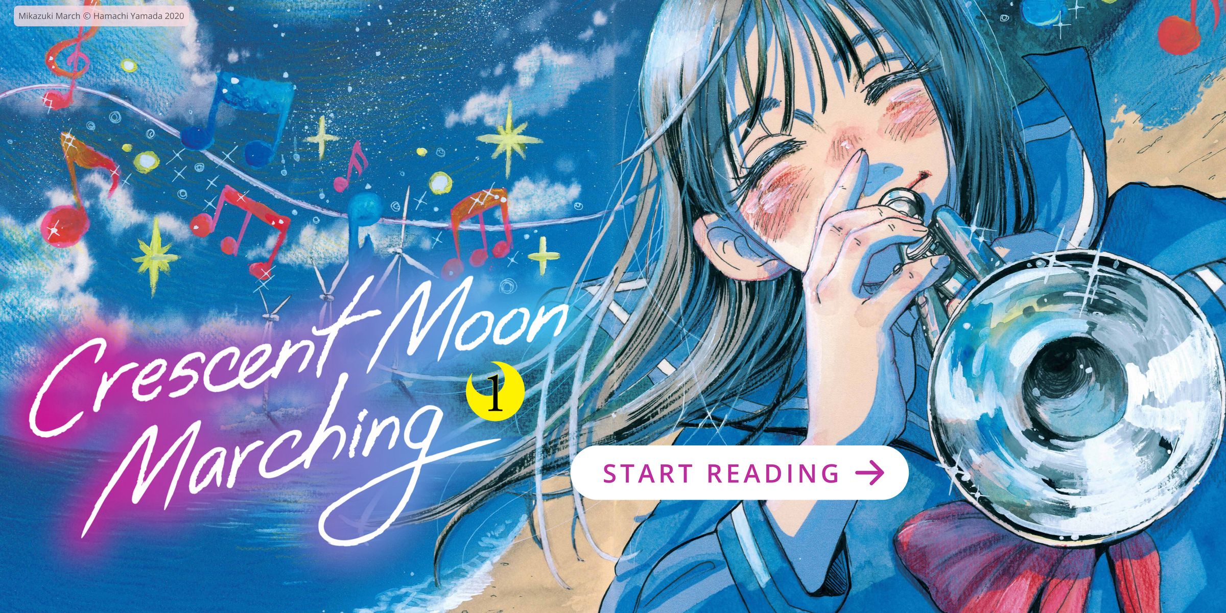 A high school girl playing a trumpet on the beach at night. Crescent Moon Marching. Start Reading.